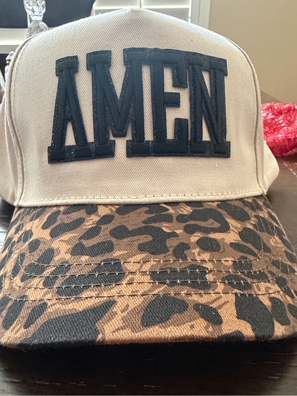 Custom AMEN Cream Baseball Hat with Leopard Visor